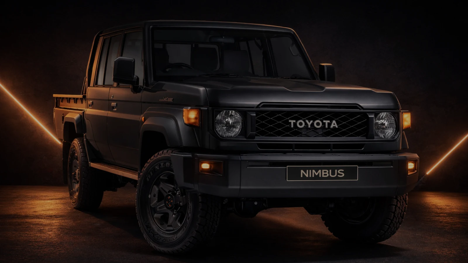 Black Toyota Land Cruiser 79 Series double cab fitted with Nimbus suspension, front three-quarter view