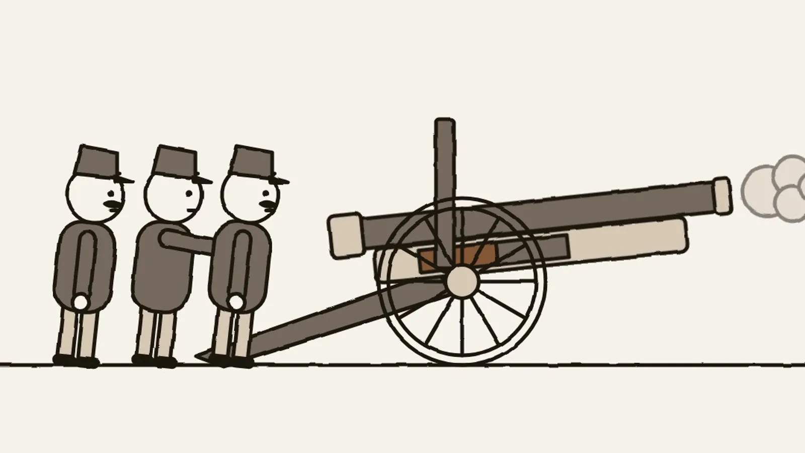 Illustration of the French 75 mm Model 1897 field gun firing, three gunners beside it