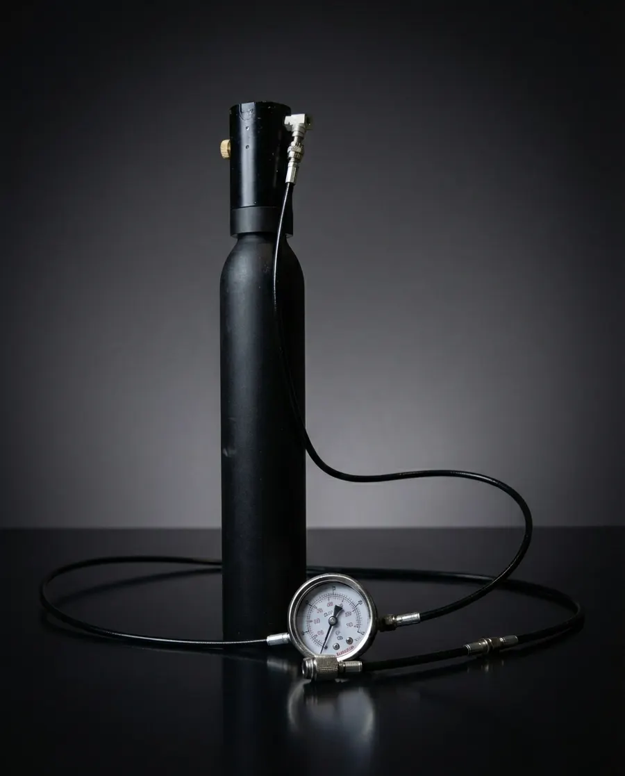 Nimbus ∆P portable nitrogen system: cartridge, regulator head, braided hose, and analog gauge
