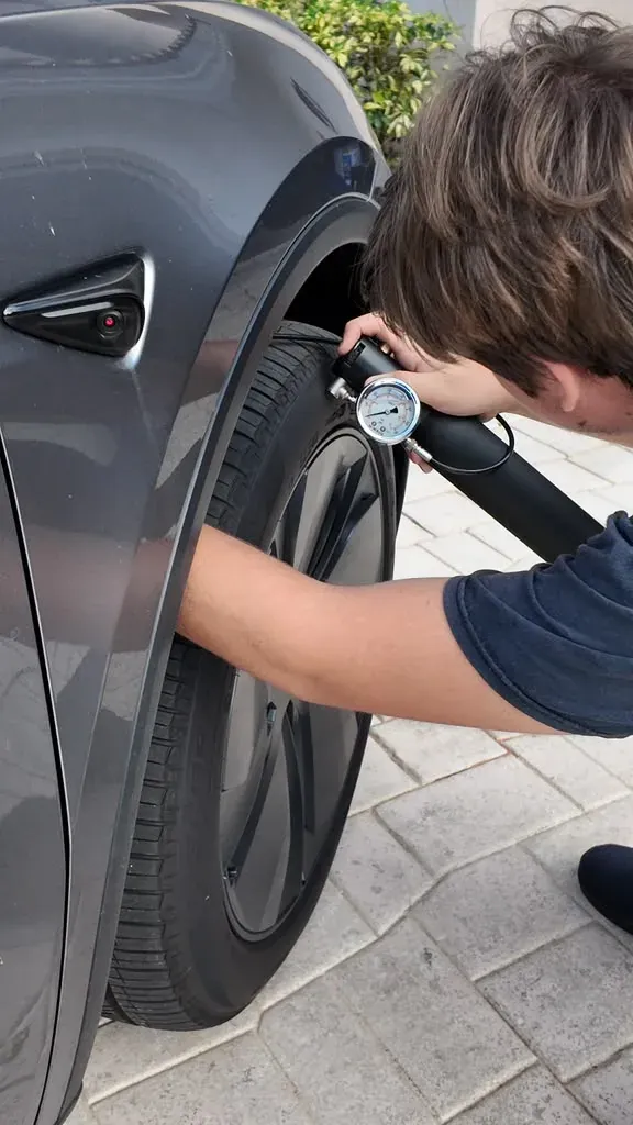 Aloïs reading the Nimbus gauge while adjusting front suspension pressure