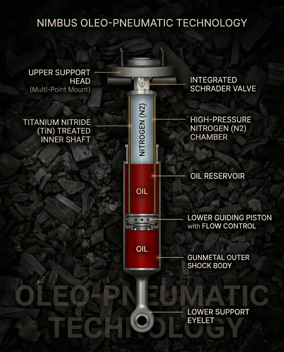 Vue en coupe d'un combiné oléopneumatique Nimbus : chambre azote, réservoir huile, piston de guidage, tige TiN, corps gunmetal, œillet de fixation