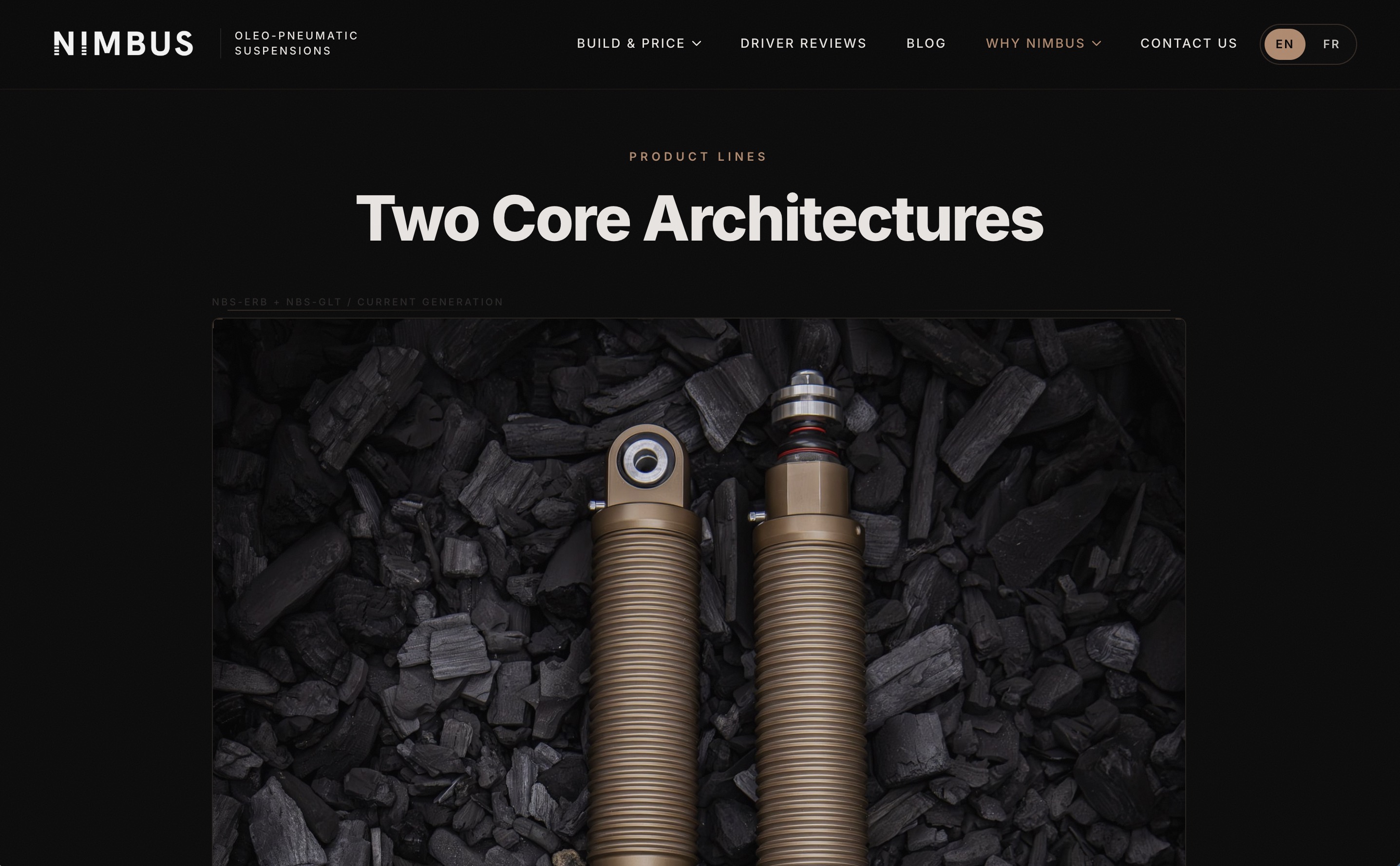 Nimbus Erebus oleo-pneumatic suspension unit, bronze and black sealed body on charcoal